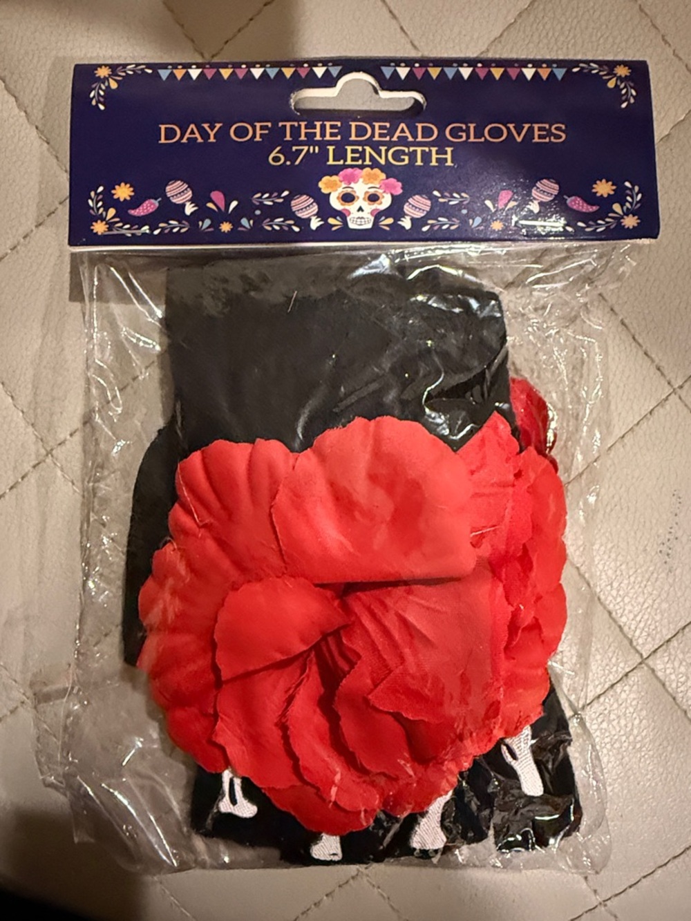 Day of the Dead Floral Gloves - Black with Red Flower